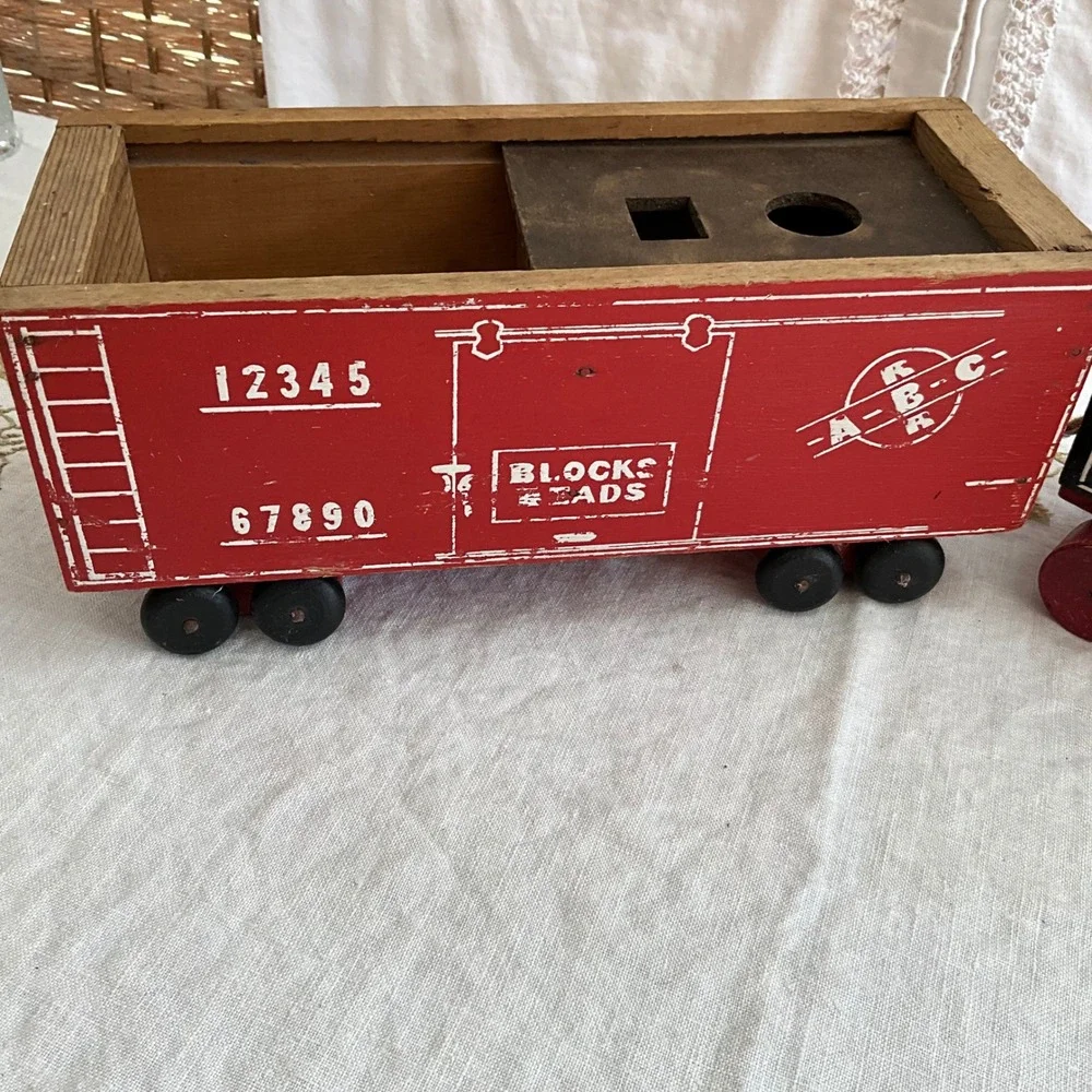 Vintage Wooden Toy Train‎ Set Choo-Choo Engine and ABC Blocks Beads Boxcar 50's